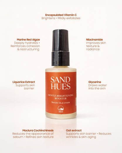 Sand Hues skincare serum bottle with ingredient text on a white background